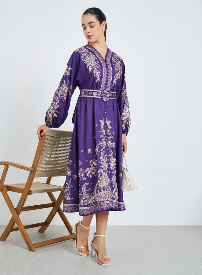 ستايلي فستان ميدي بنمط قميص وحزام وطبعة للنساء - Image 5